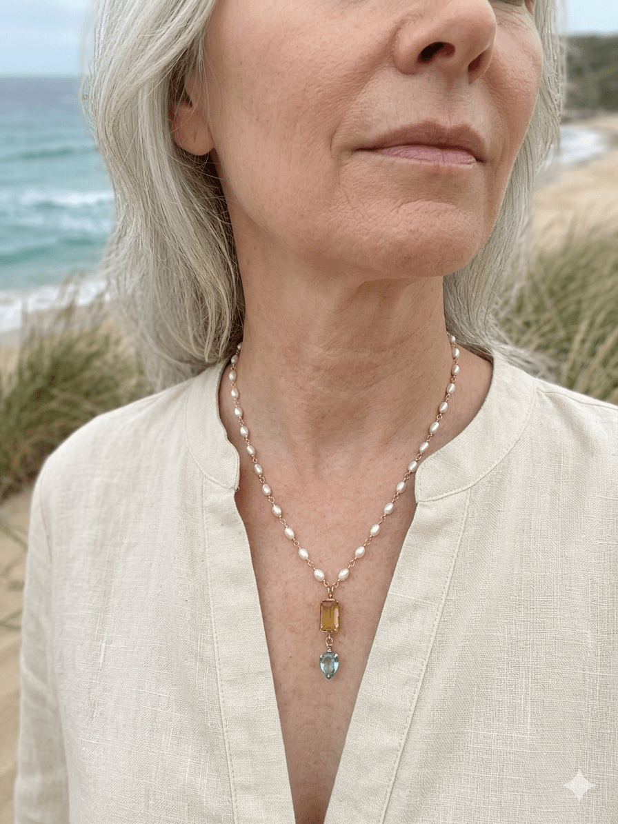Citrine & Blue Topaz Drop on Pearl NecklaceBeth ZinkNECKLACES