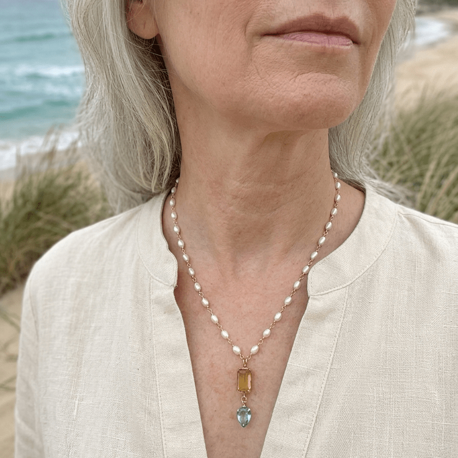 Citrine & Blue Topaz Drop on Pearl NecklaceBeth ZinkNECKLACES