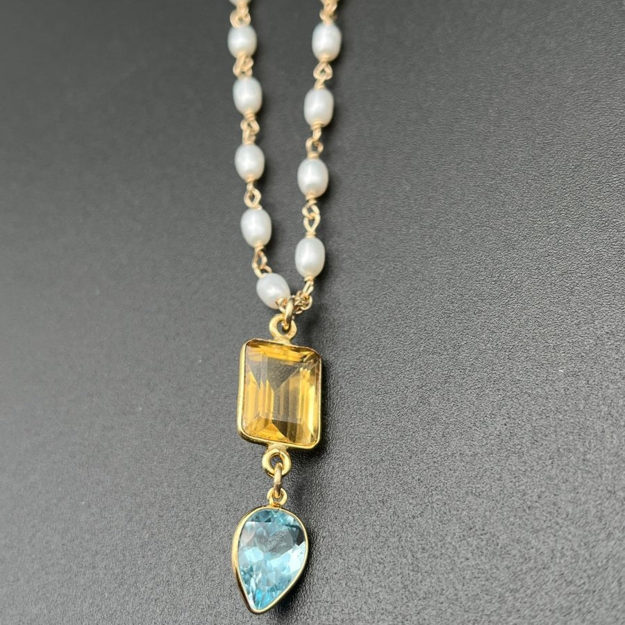 Citrine & Blue Topaz on Pearl NecklaceBeth ZinkNECKLACES