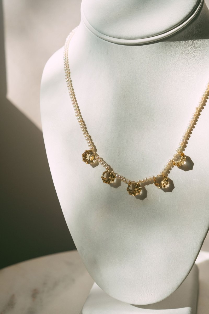 Citrine Hexagon Gemstones With White Seed Pearls Short NecklaceBeth ZinkNECKLACES