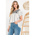 Cream Embroidered Short Sleeve Top: CREAMTHMLTOPS