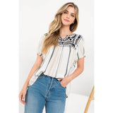 Cream Embroidered Short Sleeve Top: CREAMTHMLTOPS