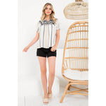 Cream Embroidered Short Sleeve Top: CREAMTHMLTOPS