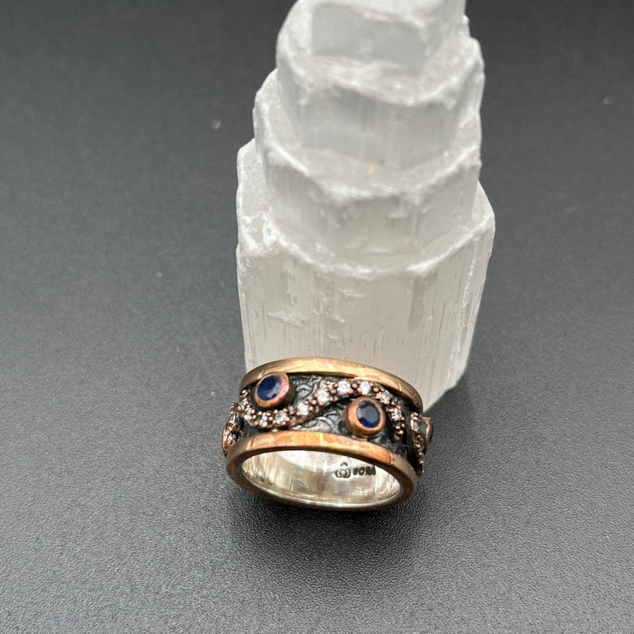 CZ and Sapphires Encircles the Band of Oxidized SilverBORARINGS