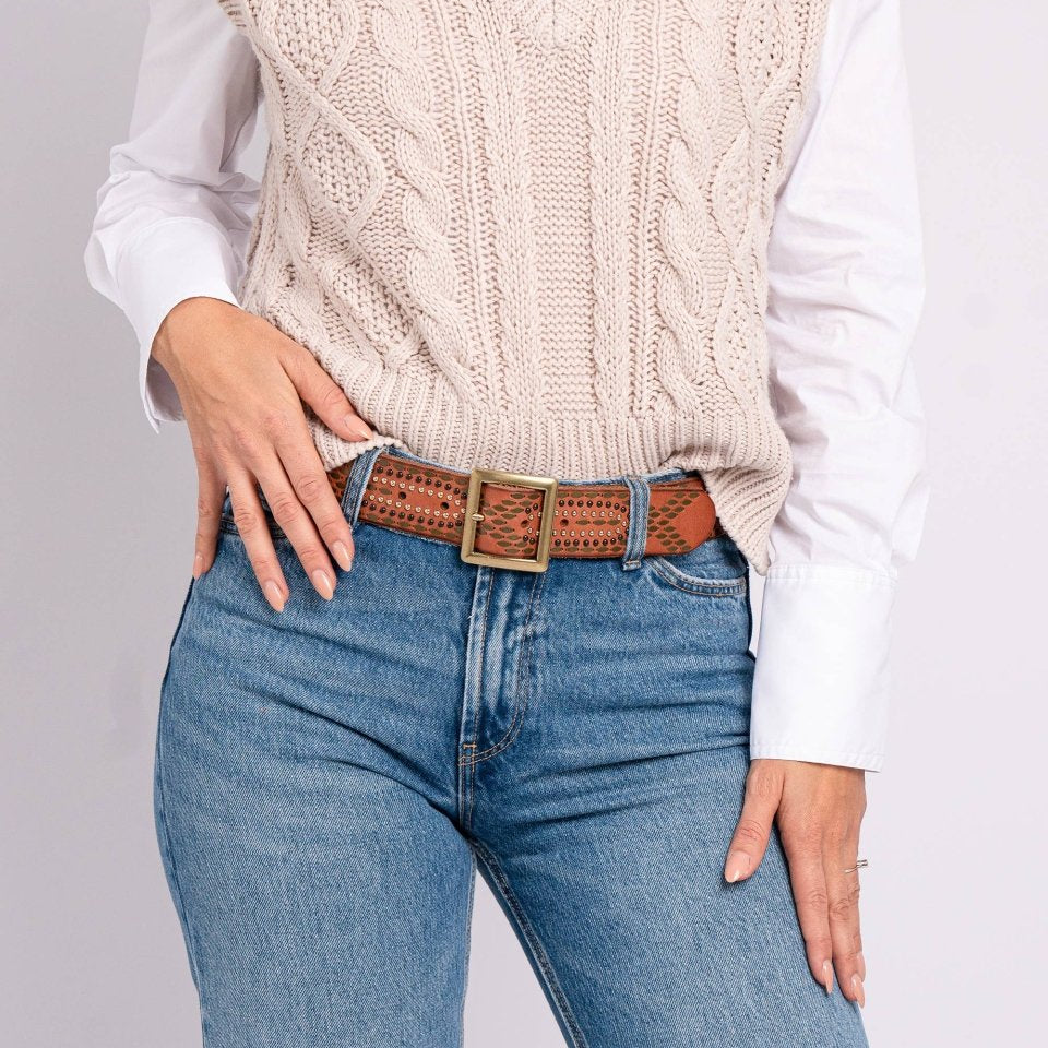 Daya | Studded Leather Belt Women - Embellished Belt: CognacAmsterdam Heritage Leather Belts, Bags, Jackets & Apparelbelt