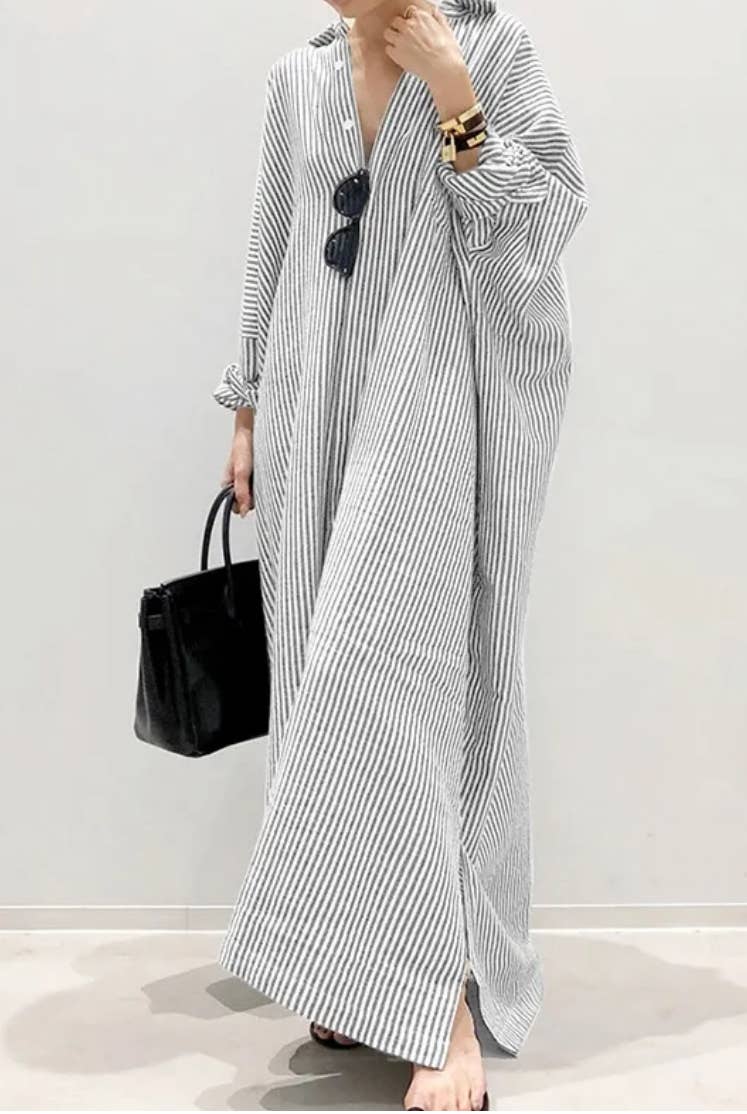 Dramatic Stripe Shirt Maxi Dress - GreySerenity CollectiveDress