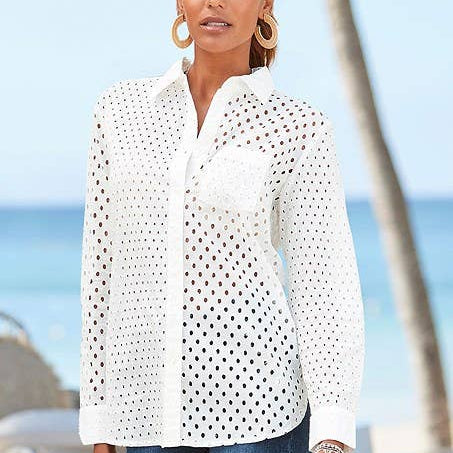 Eyelet Button Down Blouse: CreamLascanaTOPS