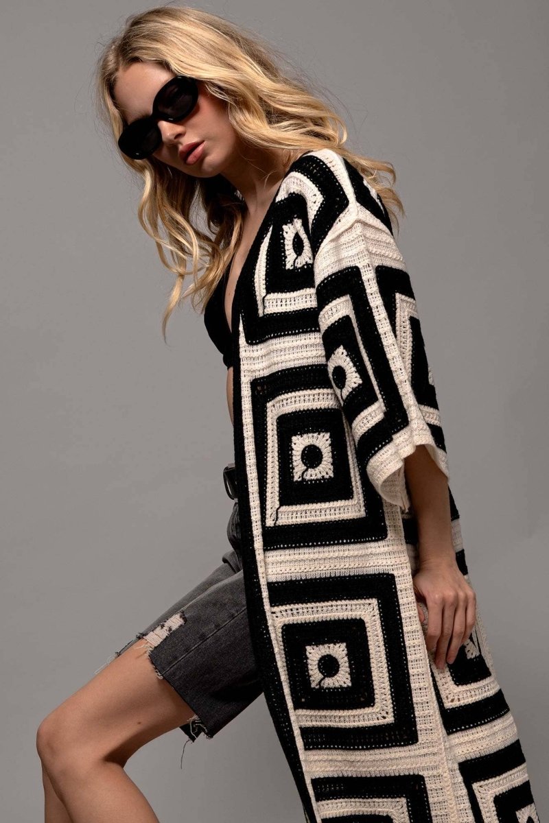Geometric Crochet Midi Length Open Front CardiganUrban DaizyTOPS