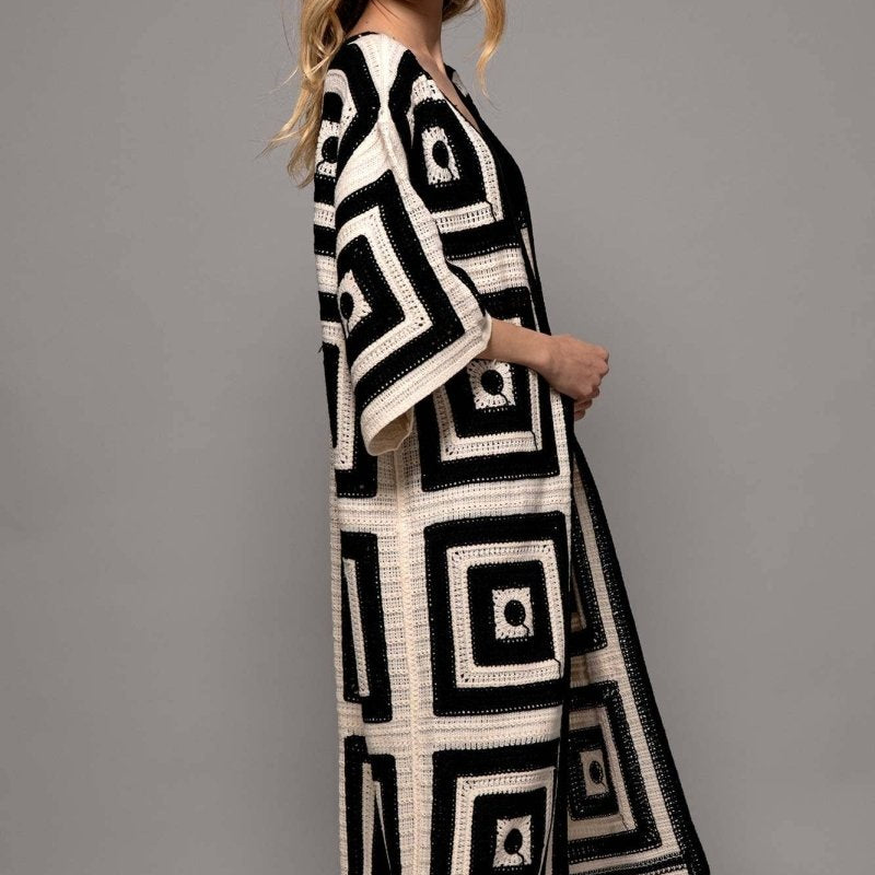Geometric Crochet Midi Length Open Front CardiganUrban DaizyTOPS