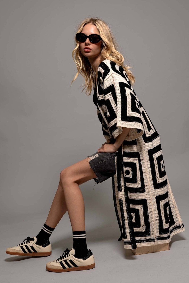 Geometric Crochet Midi Length Open Front CardiganUrban DaizyTOPS