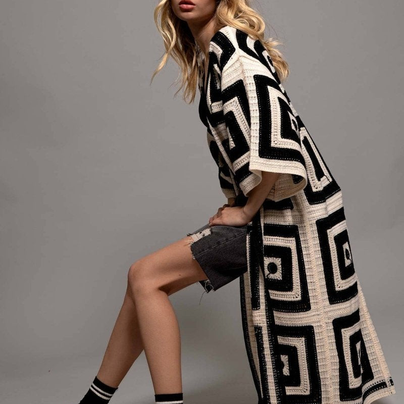 Geometric Crochet Midi Length Open Front CardiganUrban DaizyTOPS