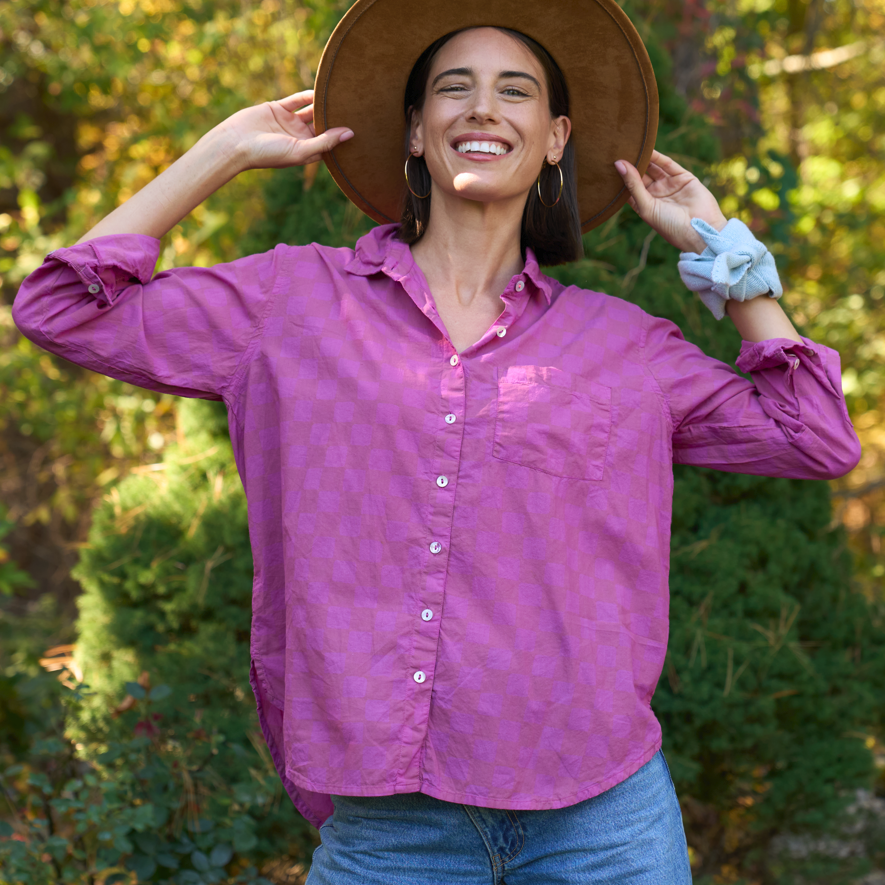 Good Boyfriend Shirt - Checkerboard Overdye Magenta on NaturalAnd For GoodShirts & Tops
