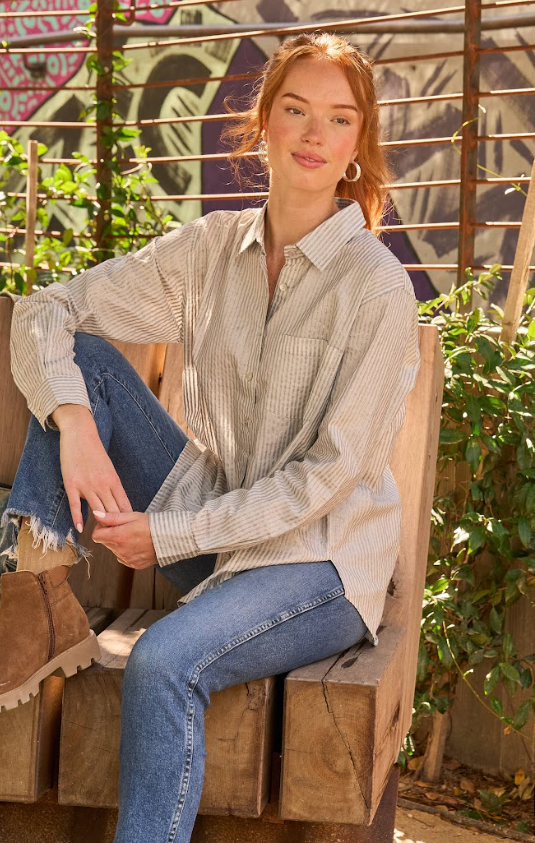 Good Boyfriend Shirt - Menswear Stripe Metallic SilverAnd For GoodShirts & Tops