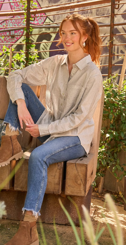 Good Boyfriend Shirt - Menswear Stripe Metallic SilverAnd For GoodShirts & Tops