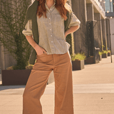 Good Girlfriend Shirt Short Sleeve with Ruffle Trim Menswear Stripe OliveAnd For Good