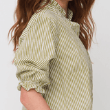Good Girlfriend Shirt Short Sleeve with Ruffle Trim Menswear Stripe OliveAnd For Good