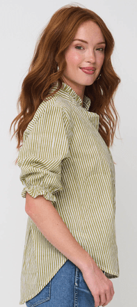 Good Girlfriend Shirt Short Sleeve with Ruffle Trim Menswear Stripe OliveAnd For Good