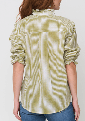 Good Girlfriend Shirt Short Sleeve with Ruffle Trim Menswear Stripe OliveAnd For Good