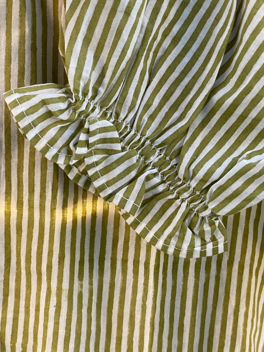 Good Girlfriend Shirt Short Sleeve with Ruffle Trim Menswear Stripe OliveAnd For Good