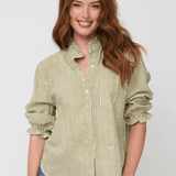 Good Girlfriend Shirt Short Sleeve with Ruffle Trim Menswear Stripe OliveAnd For Good