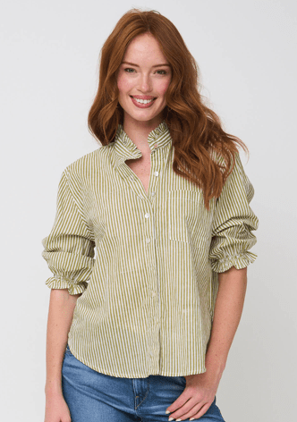 Good Girlfriend Shirt Short Sleeve with Ruffle Trim Menswear Stripe OliveAnd For Good