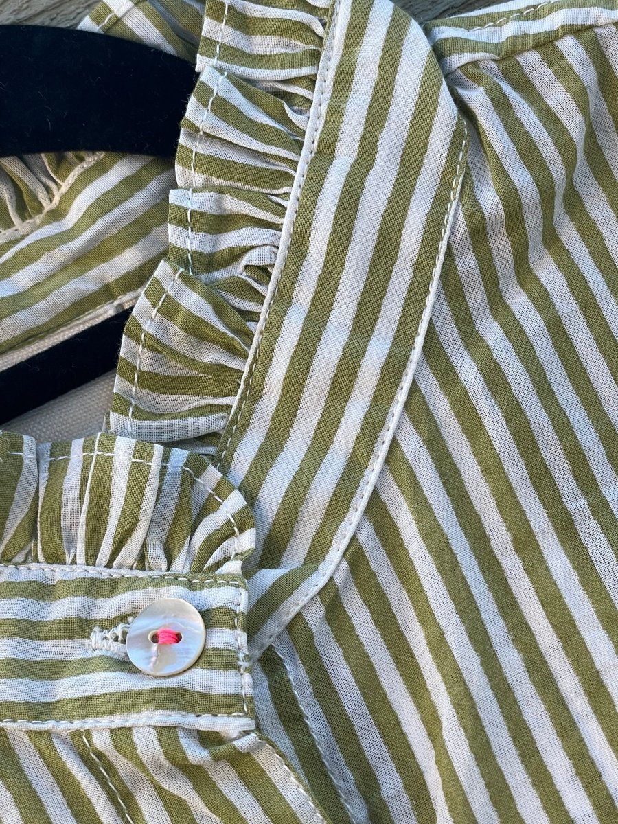 Good Girlfriend Shirt Short Sleeve with Ruffle Trim Menswear Stripe OliveAnd For Good