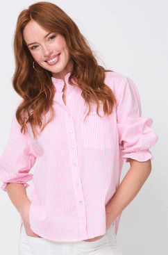 Good Girlfriend Shirt Short Sleeve with Ruffle Trim Menswear Stripe Tickled PinkAnd For GoodTOPS
