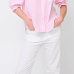 Good Girlfriend Shirt Short Sleeve with Ruffle Trim Menswear Stripe Tickled PinkAnd For GoodTOPS