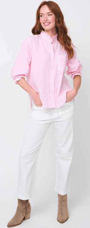 Good Girlfriend Shirt Short Sleeve with Ruffle Trim Menswear Stripe Tickled PinkAnd For GoodTOPS