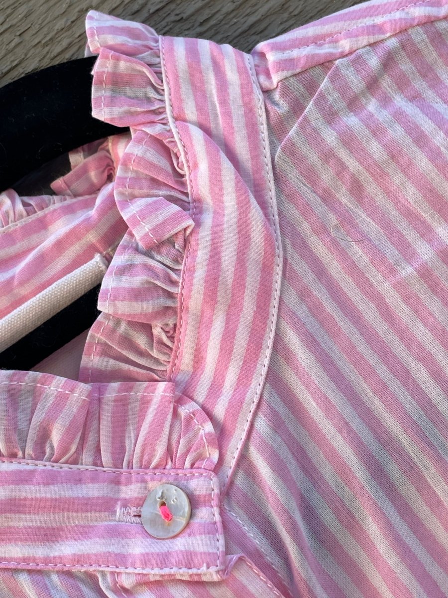 Good Girlfriend Shirt Short Sleeve with Ruffle Trim Menswear Stripe Tickled PinkAnd For GoodTOPS