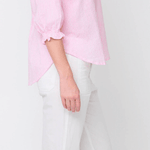 Good Girlfriend Shirt Short Sleeve with Ruffle Trim Menswear Stripe Tickled PinkAnd For GoodTOPS