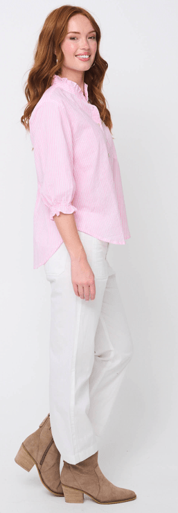 Good Girlfriend Shirt Short Sleeve with Ruffle Trim Menswear Stripe Tickled PinkAnd For GoodTOPS