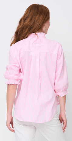 Good Girlfriend Shirt Short Sleeve with Ruffle Trim Menswear Stripe Tickled PinkAnd For GoodTOPS
