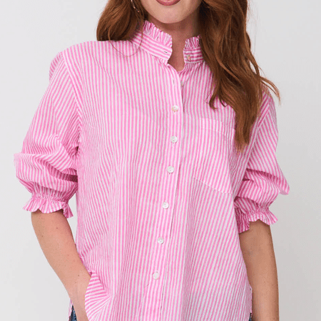 Good Girlfriend Shirt with Ruffle Trim Menswear Stripe DahliaAnd For Good