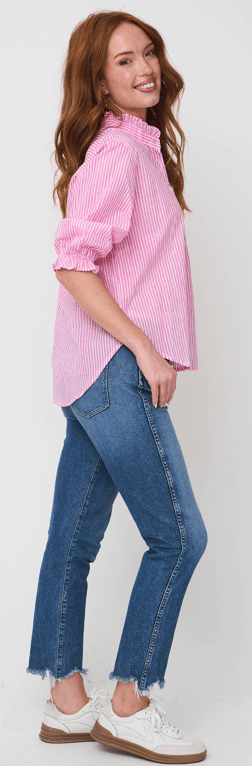 Good Girlfriend Shirt with Ruffle Trim Menswear Stripe DahliaAnd For Good