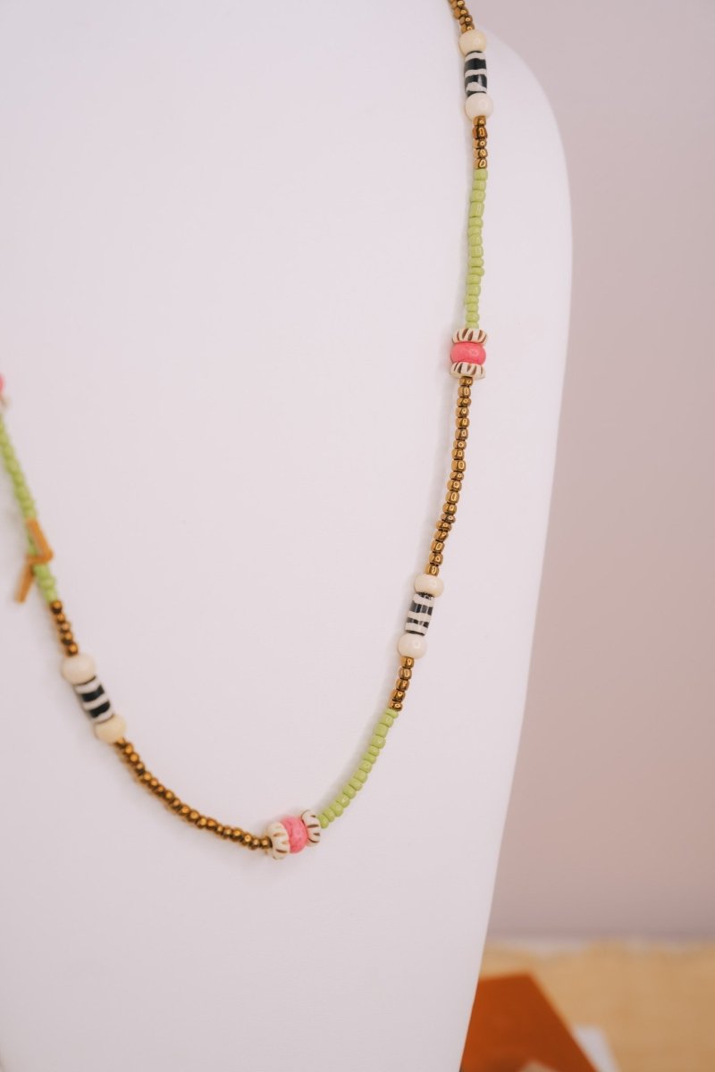 Green, Gold, & Pink Beaded Long NecklaceMelody Vintage JewelryNecklace