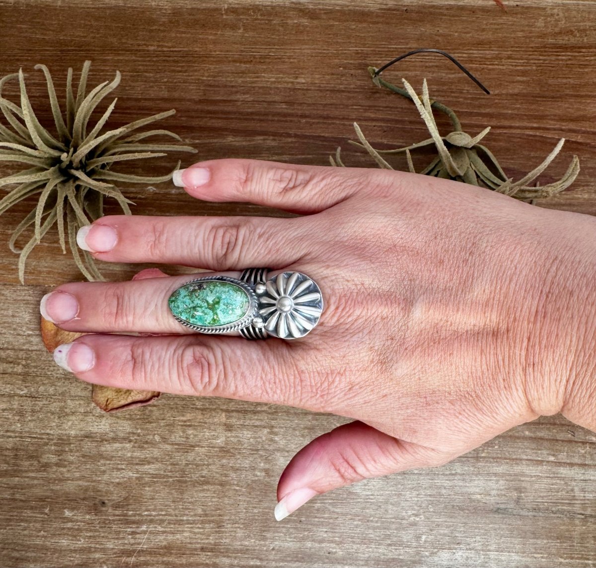 Green Turquoise Concho Ring – Size 9 – Navajo Handmade by Boyd AshleyThe Bijoux FAB Jewelryring