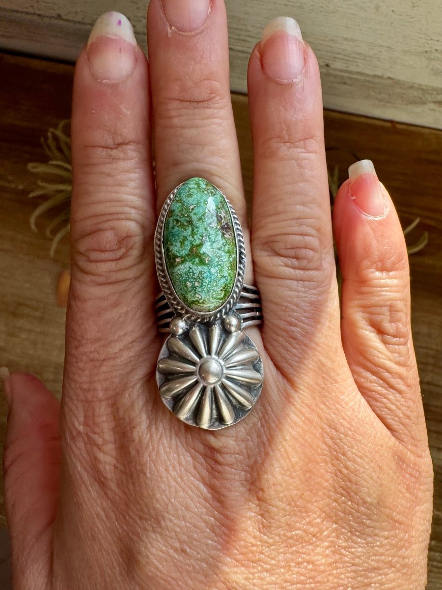 Green Turquoise Concho Ring – Size 9 – Navajo Handmade by Boyd AshleyThe Bijoux FAB Jewelryring