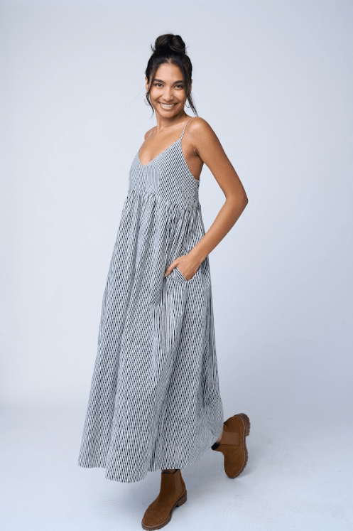 Hamptons Dress - Menswear Stripe BlackAnd For GoodDresses