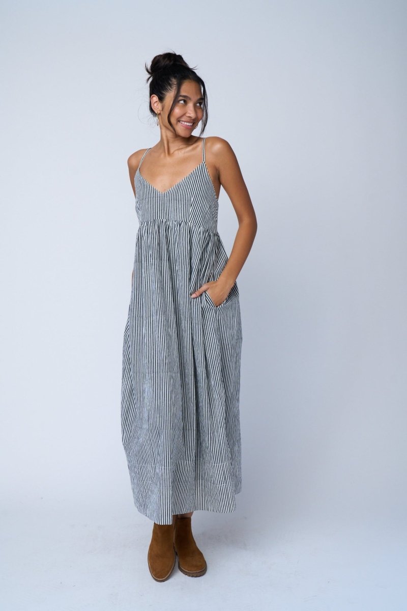 Hamptons Dress - Menswear Stripe BlackAnd For GoodDresses