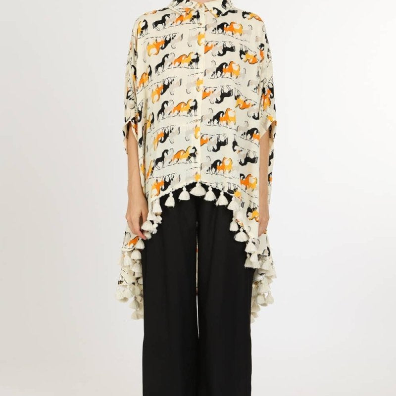 Horse Print Hi - Low Tasseled Hem Button - Up TunicBeulah StyleTOPS