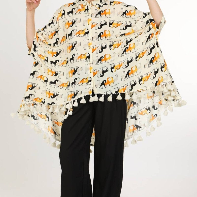Horse Print Hi - Low Tasseled Hem Button - Up TunicBeulah StyleTOPS