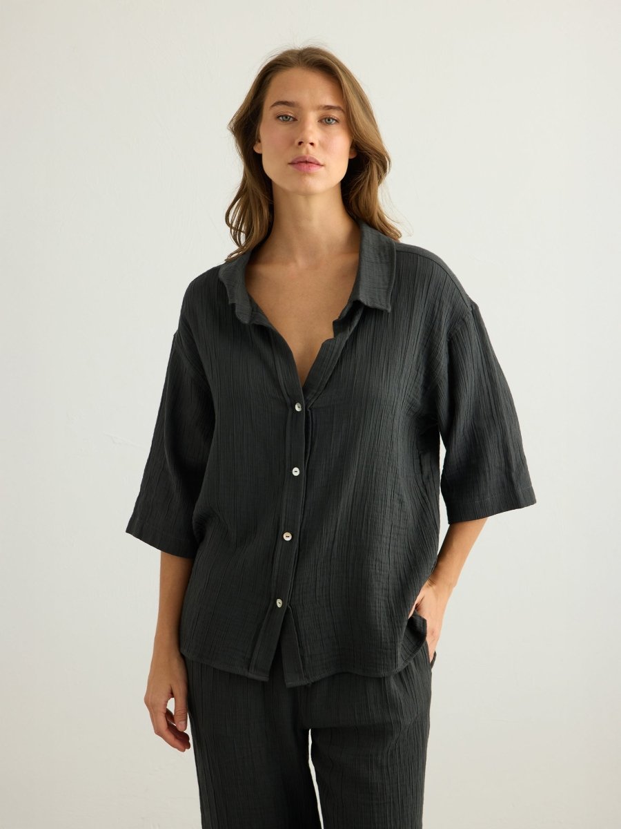 Kaya Boyfriend Shirt - CharcoalThe HandloomTop