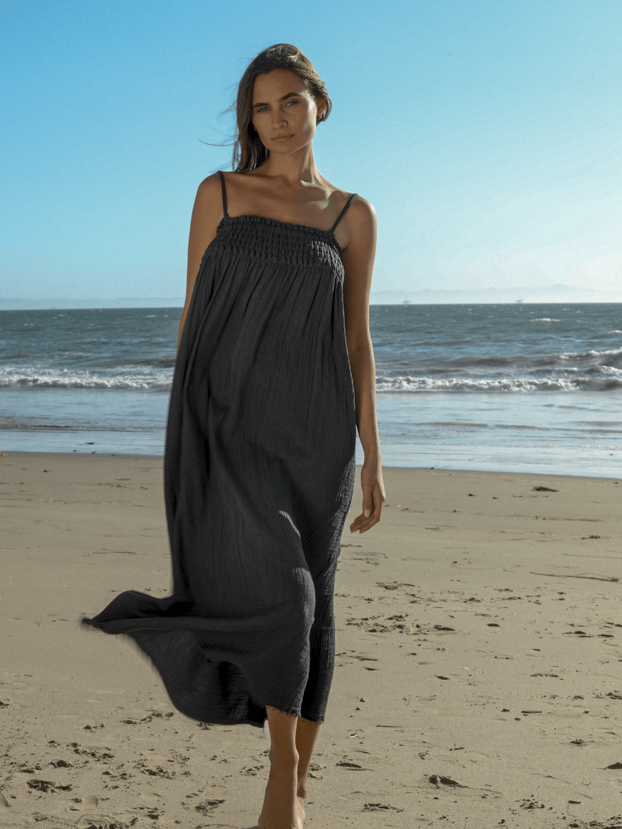 Kaya Smocked Maxi Dress - CharcoalThe HandloomDress