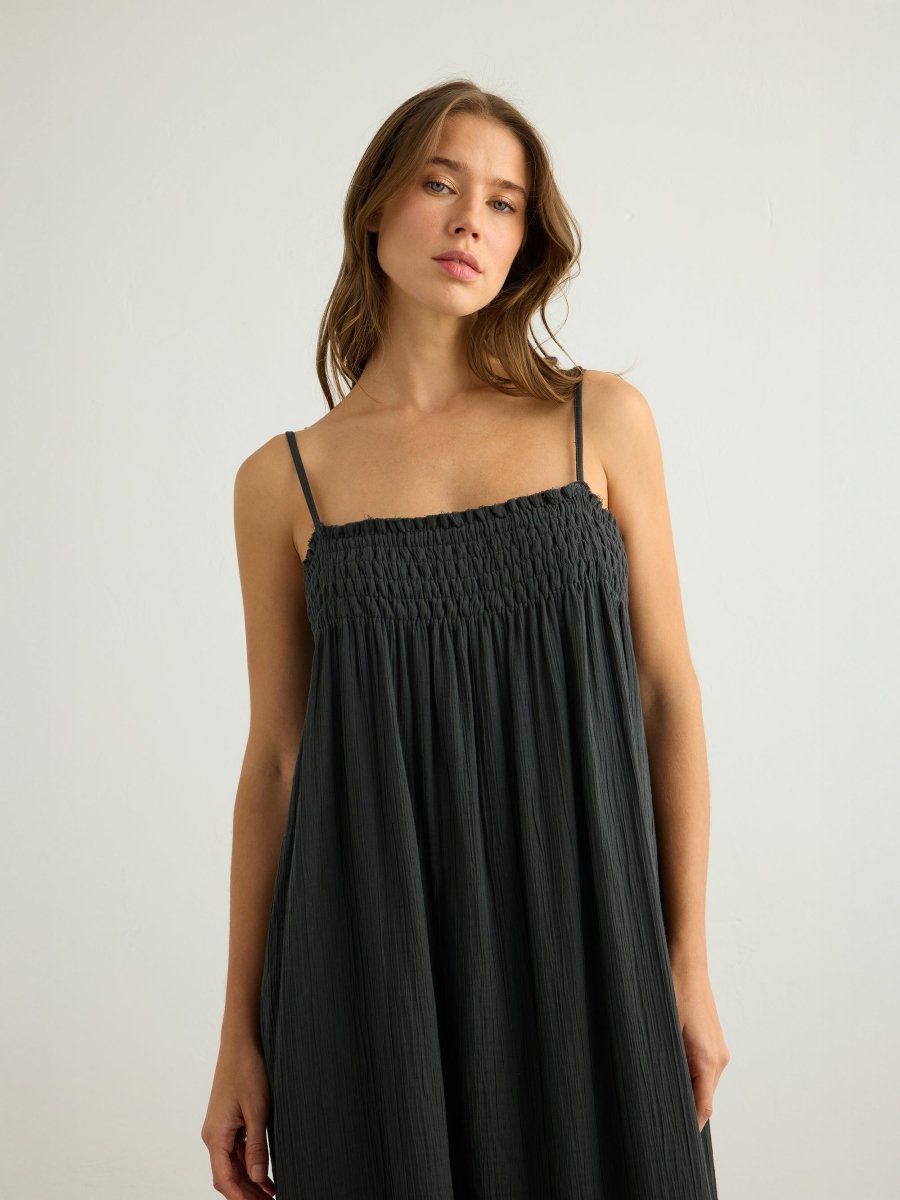 Kaya Smocked Maxi Dress - CharcoalThe HandloomDress