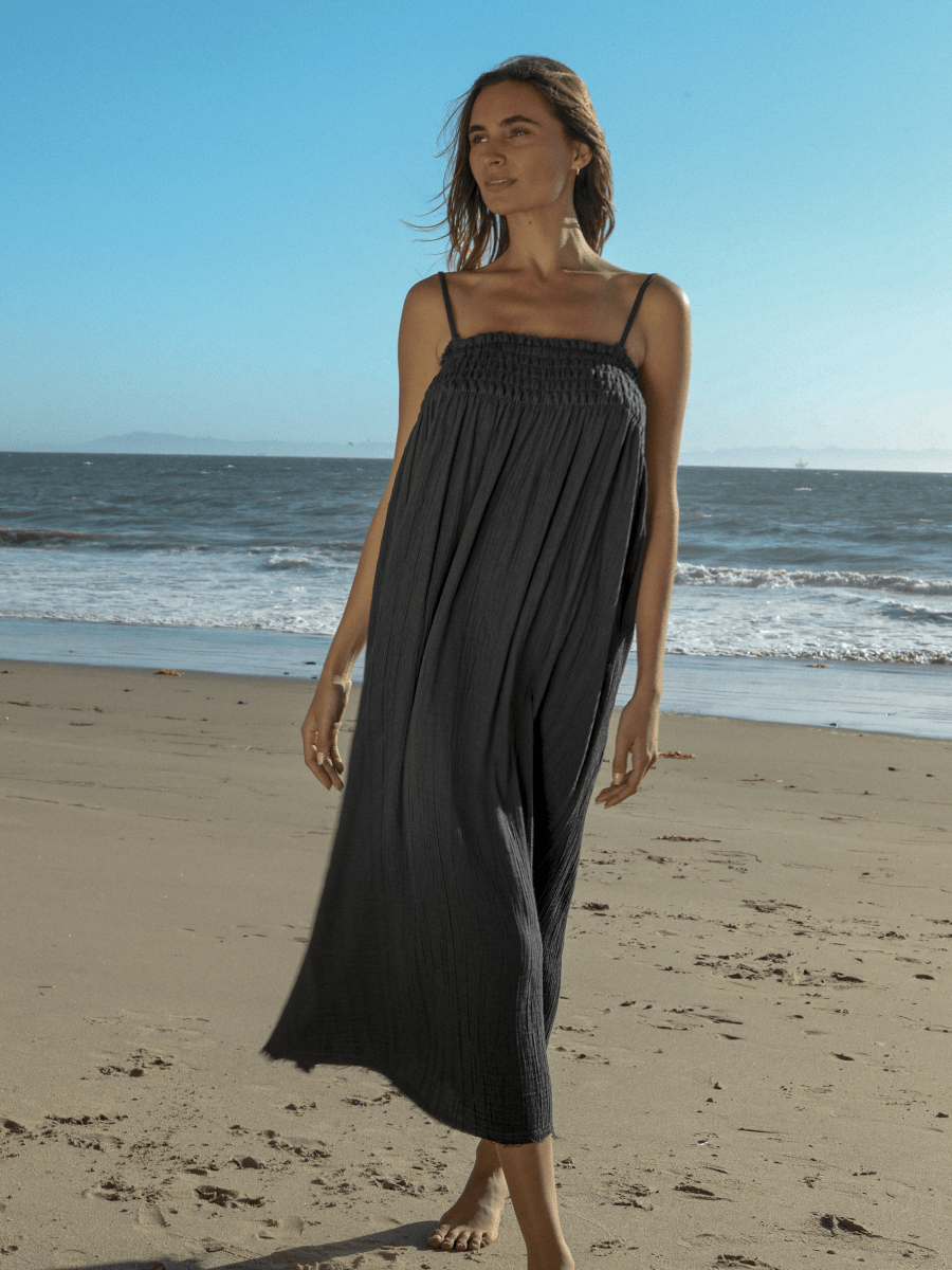 Kaya Smocked Maxi Dress - CharcoalThe HandloomDress