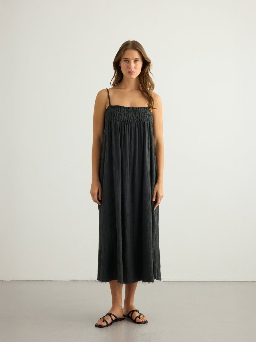 Kaya Smocked Maxi Dress - CharcoalThe HandloomDress