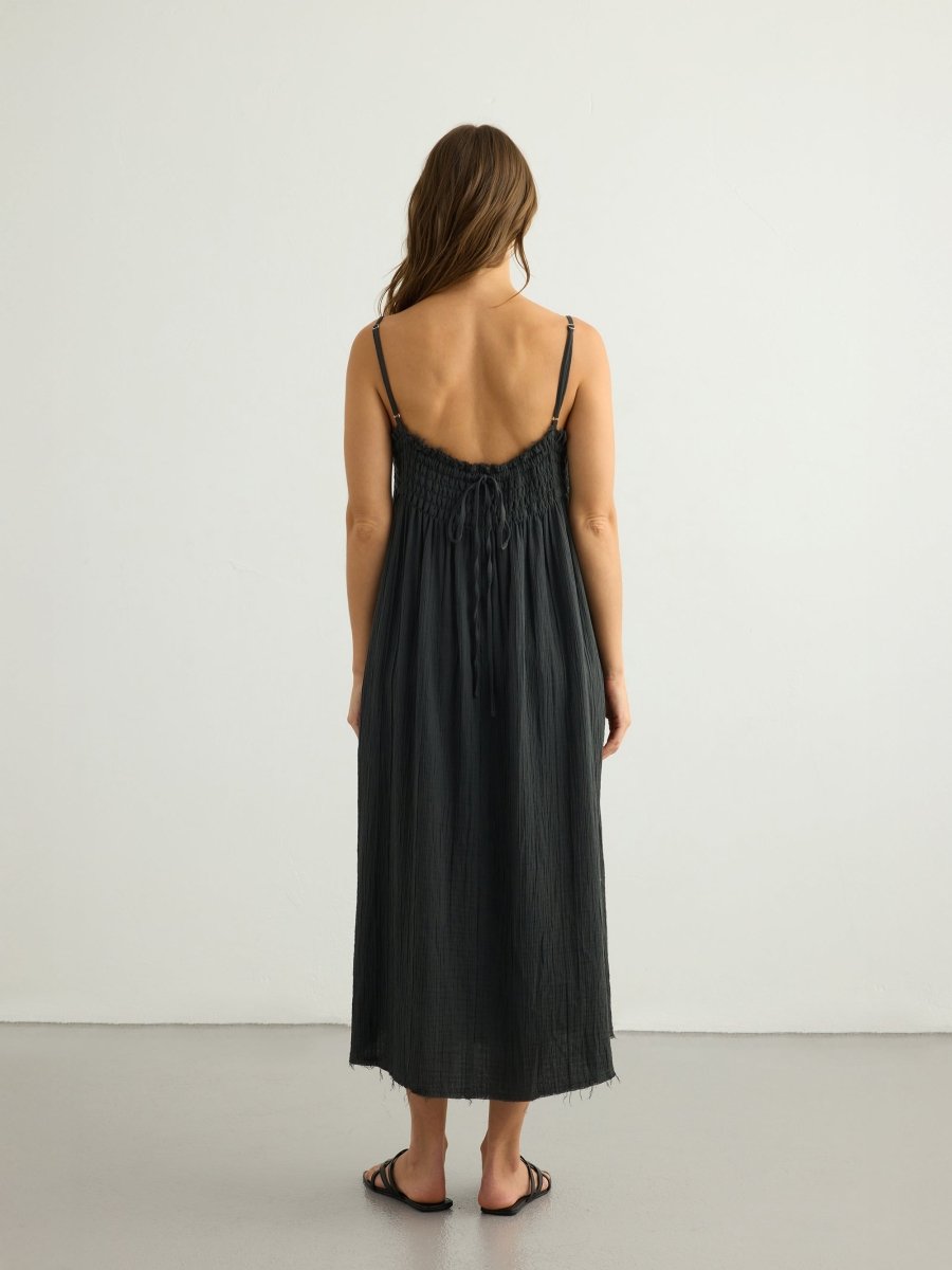 Kaya Smocked Maxi Dress - CharcoalThe HandloomDress