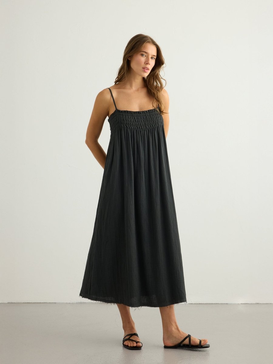 Kaya Smocked Maxi Dress - CharcoalThe HandloomDress