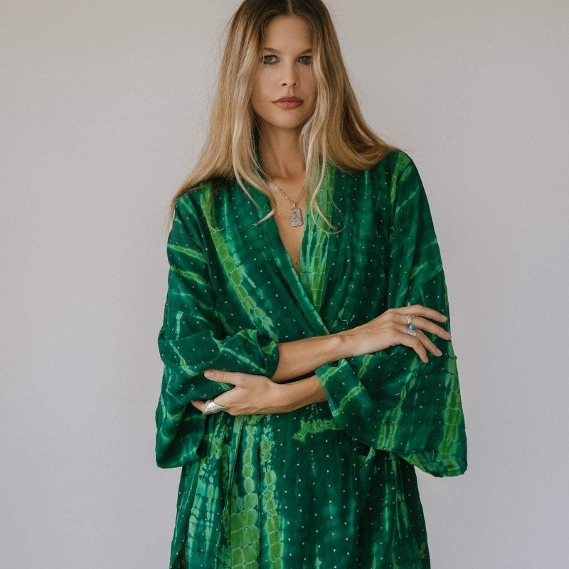Kimono Wrap or Mini Dress - Green ShiboriSun ChildKimono
